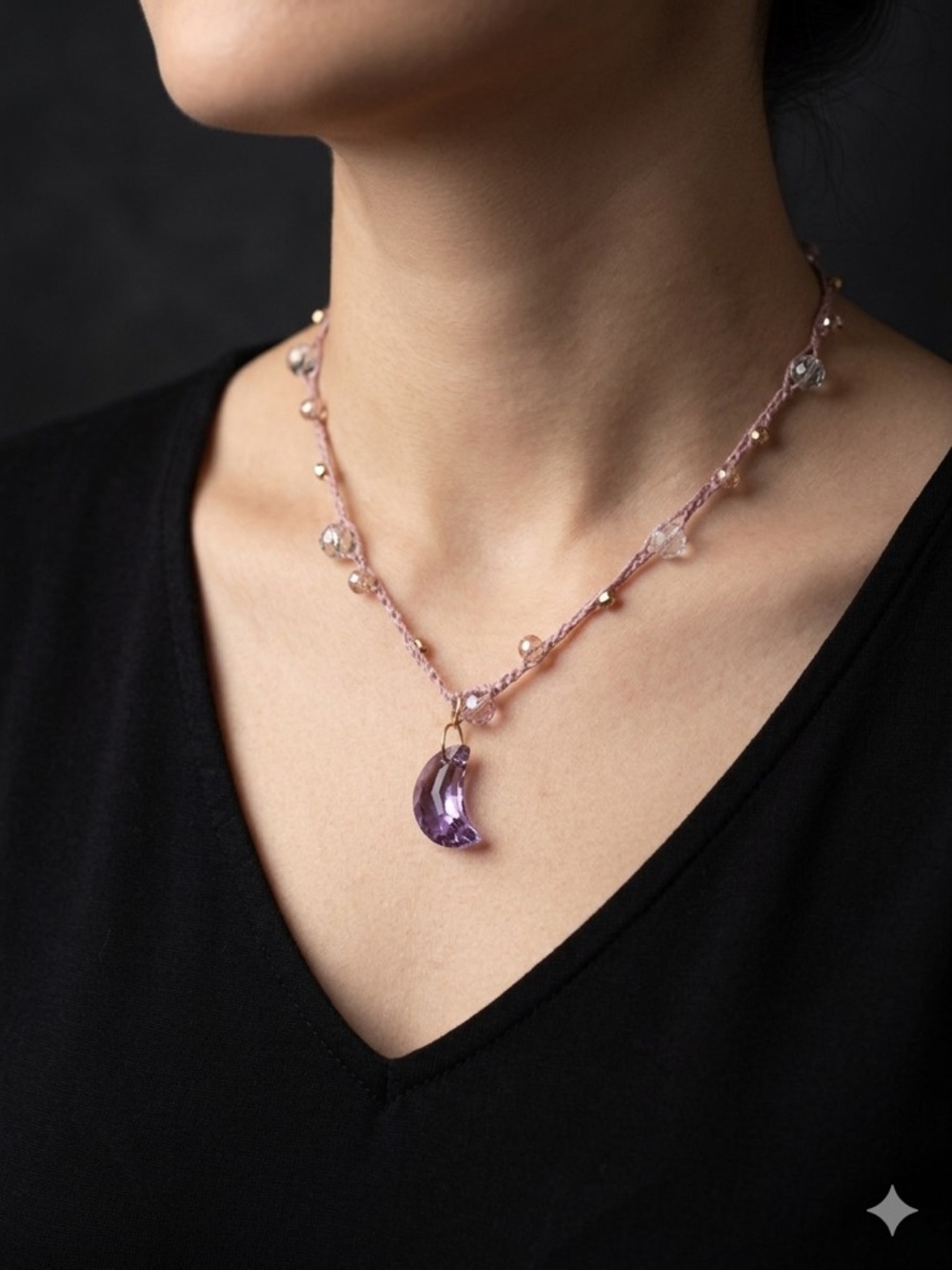Moon Pendant Beaded Crochet Necklace | Pink Glass Beads | Adjustable 15”